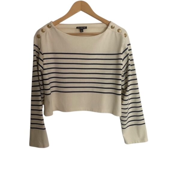 J. Crew Cropped Boatneck Shirt with Buttons in Mariner Cotton Medium - Picture 1 of 4